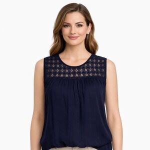 Gap Navy Blue Sleeveless Top‎ with Crochet Lace Detail - Women's Casual Blouse
